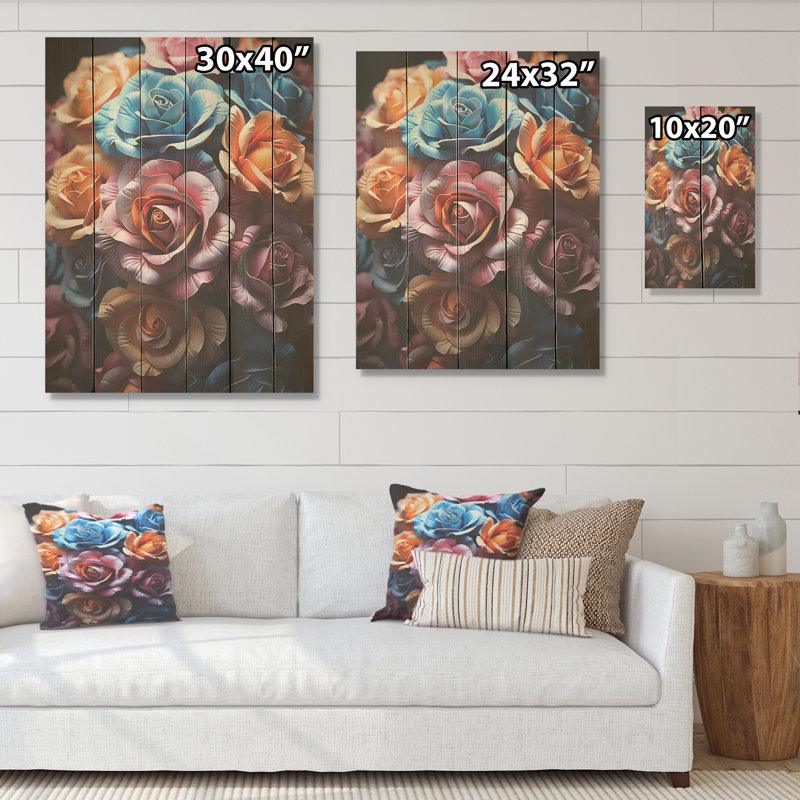 Abstrait roses éclatées - Roses, art sur bois de pin naturel, H 40 po x l 30 po