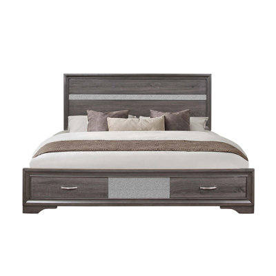 Gray King-Sized Bed with Panel Headboard and Under-Bed Drawers