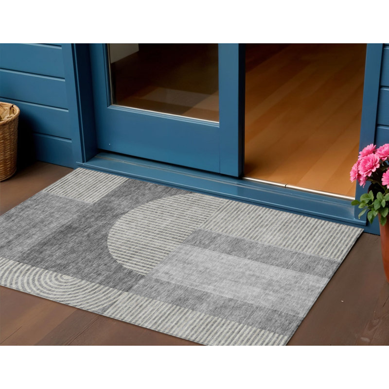 3' X 5' Gray Silver And Charcoal Geometric Washable Indoor Outdoor Area Rug