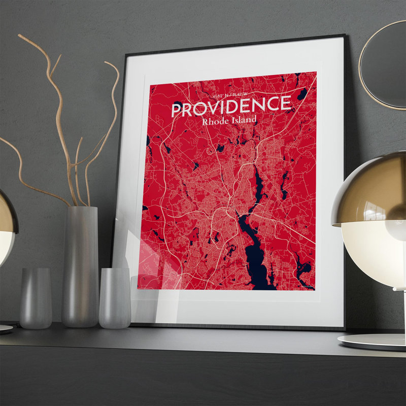 Providence, carte de la ville, impression, H 20 po x l 16 po, Rouge / Bleu marine