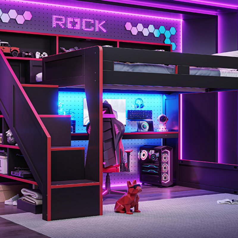 Lit mezzanine de jeu en bois massif Queen avec escalier de rangement, étagères ouvertes dans la tête de lit, éclairage DEL et bureau de chargement USB