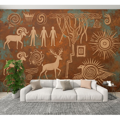 Vintage Peel and Stick Wallpaper Ancient Tribal Petroglyphs Animals Human Figures Spirals Sun Wall Murals 100"H x 144"W Removable PVC Wall Paper Self-Adhesive Wall Decor for Bedroom Living Room Home Office
