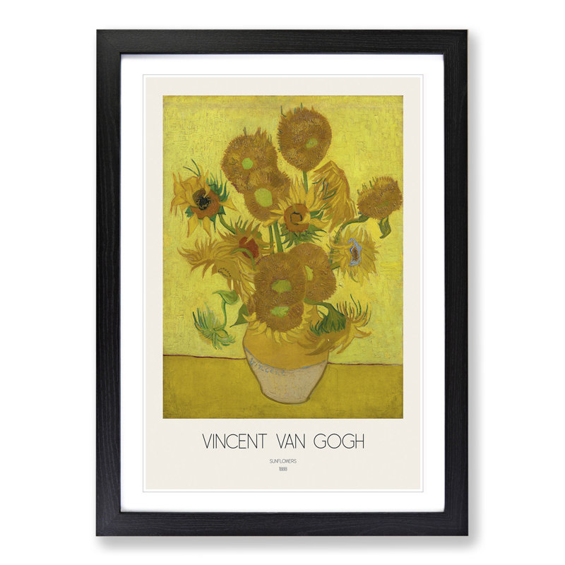 Sunflowers with Border by Vincent Van Gogh - Framed Print, 65cm H x 48cm W x 2cm D, Black Framed
