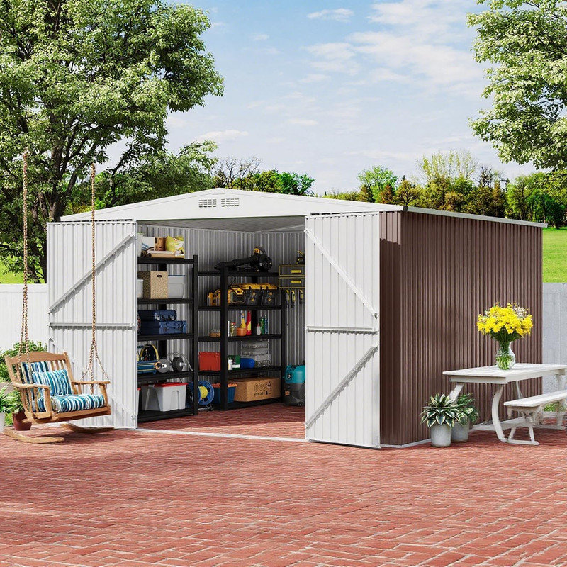 8x7 FT Galvanized Steel Storage Shed with Lockable Doors & Air Vent, Weatherproof Outdoor Tool Shed, Gray