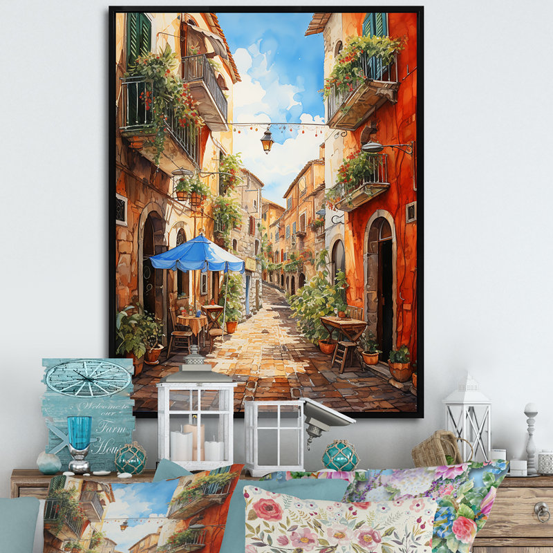 «Italian Village Essence 1», art mural Italie, H 40 po x l 30 po x P 1,5 po, Cadre flottant noir