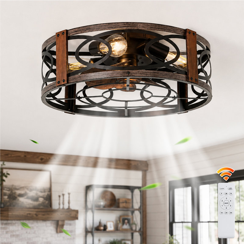 20" Farmhouse Reversible Caged Ceiling Fan With Light Kit And Remote Control