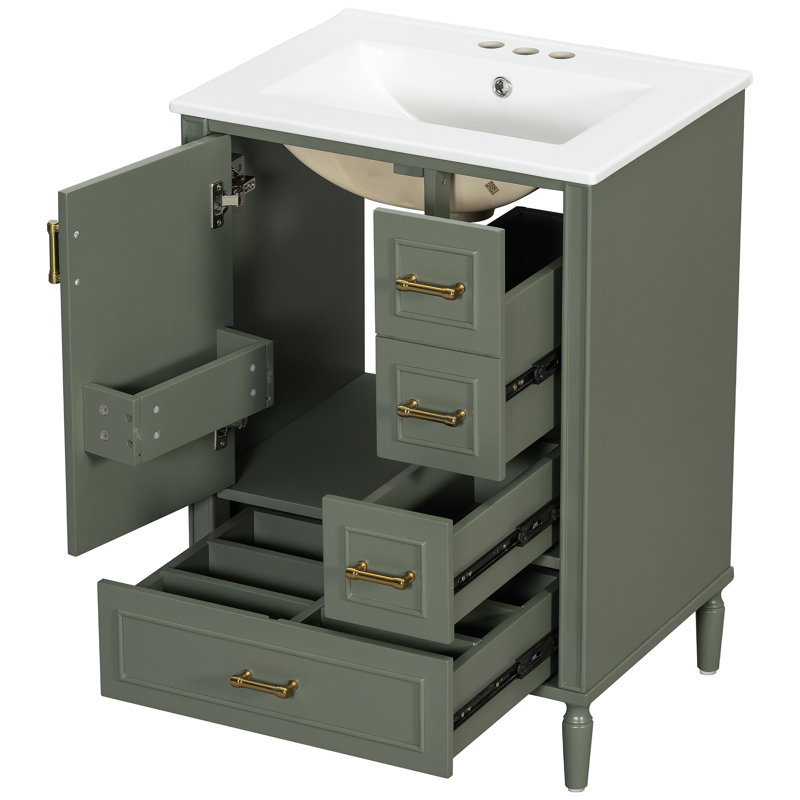 Meuble-lavabo moderne de 24 po avec lavabo en céramique, porte à fermeture douce, 3 tiroirs, poignées dorées et support de porte pour un rangement peu encombrant