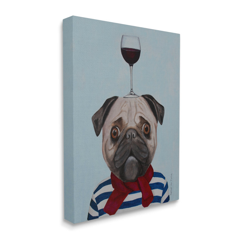 Carlin portant un ensemble de verres à vin Mime par Coco de Paris - Peinture, H 40 po x l 30 po x P 1,5 po, Toile tendue