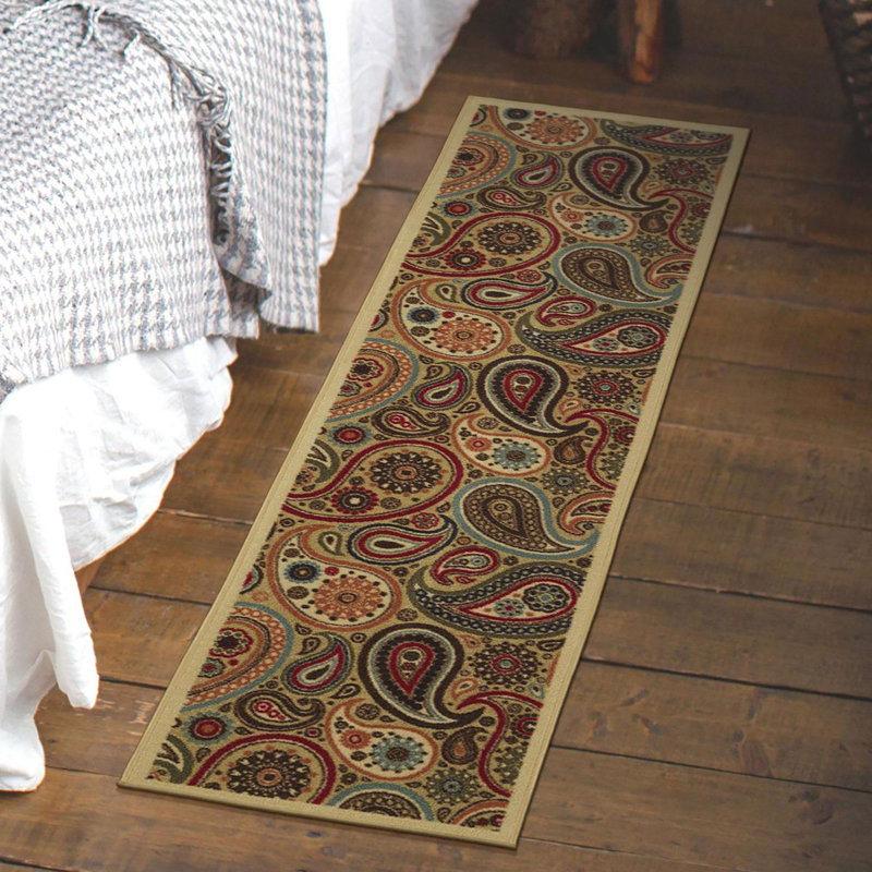 Beige and Red Synthetic Paisley Non-Slip Runner Rug