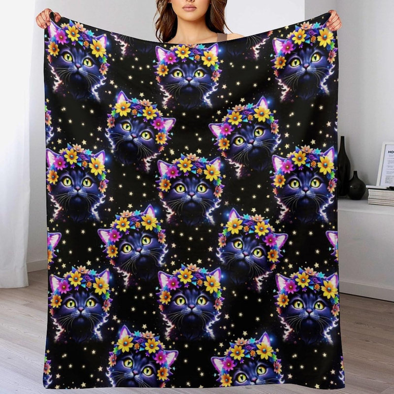 Couverture à motifs floraux et ciel étoilé avec chats noirs, 127 x 152 cm