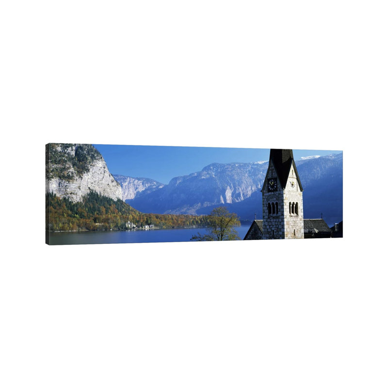 Church At The Lakeside, Hallstatt, Salzkammergut, Austria - Wrapped Canvas Panoramic Print