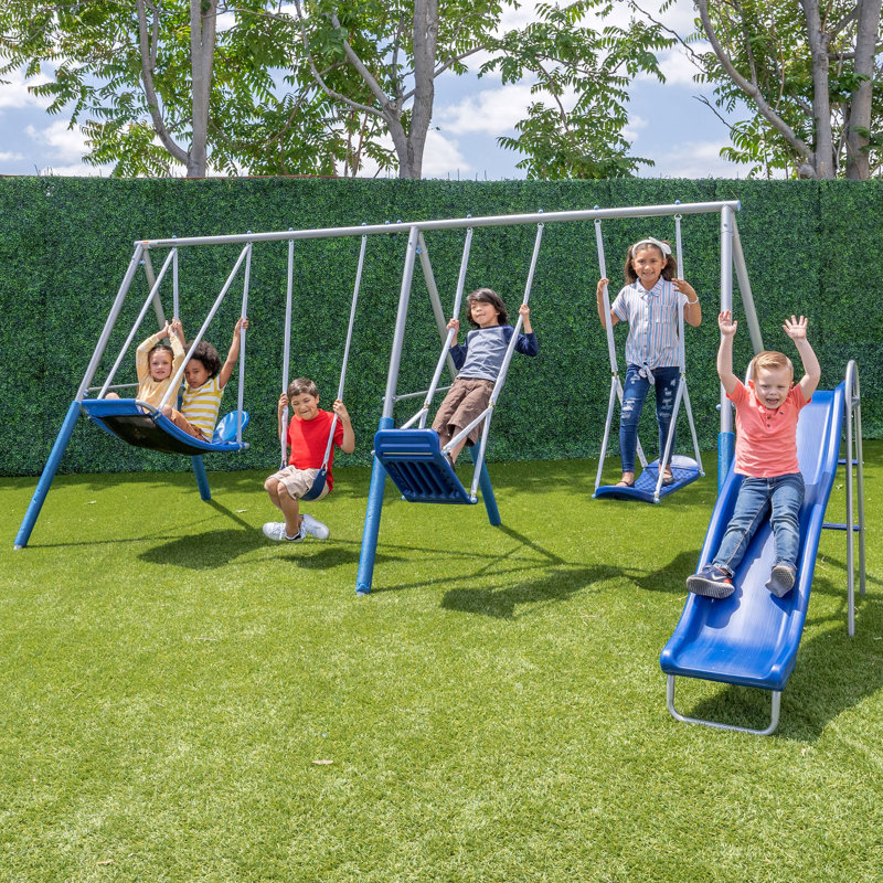 Ensemble de balançoire en métal Sportspower Super Surfer avec glissade de 6 pi, Skyflyer, planche de surf, balançoire debout et classique