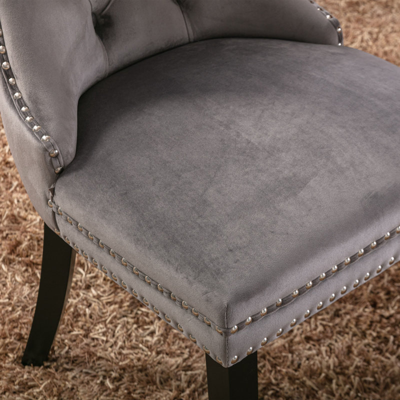 Allena Tufted Chairs Upholstered Chairs with Solid Wood Frame Nailhead Back and Ring Pull Trim , Black, Velvet Gray, 2
