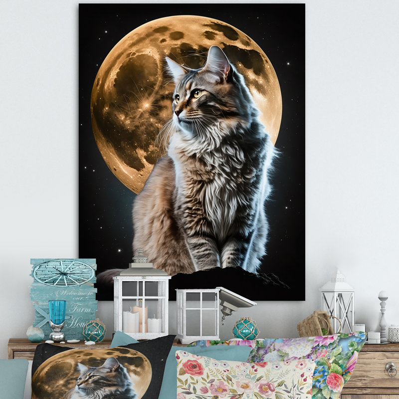 Chat majestueux sous la pleine lune - impression, Toile tendue, H 32 po x l 16 po x P 1 po