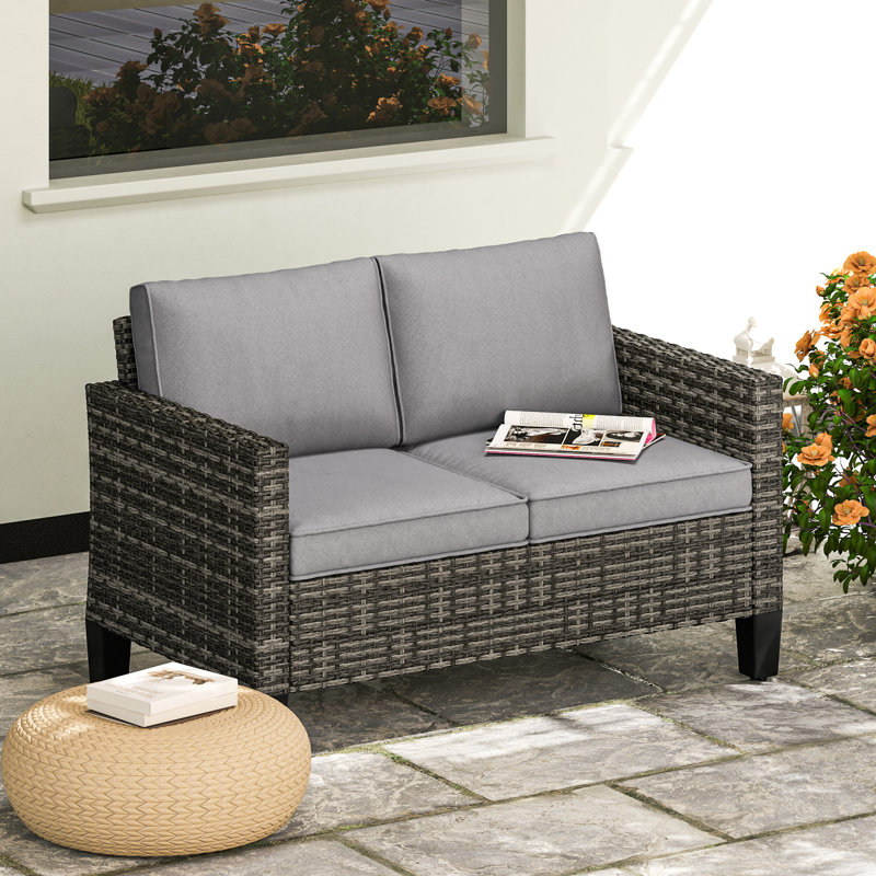 128cm Wide Straight Patio Sofa with Cushions, Grey, Dark Grey