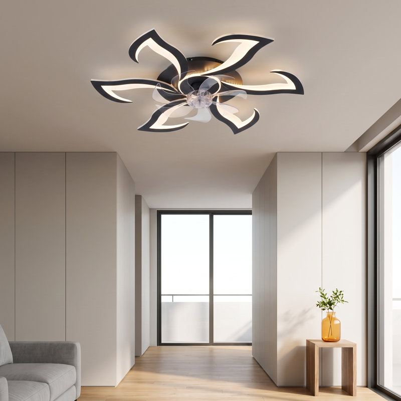 32" Modern Flower Flush Mount Ceiling Fan with LED Light and Remote Control (Black)