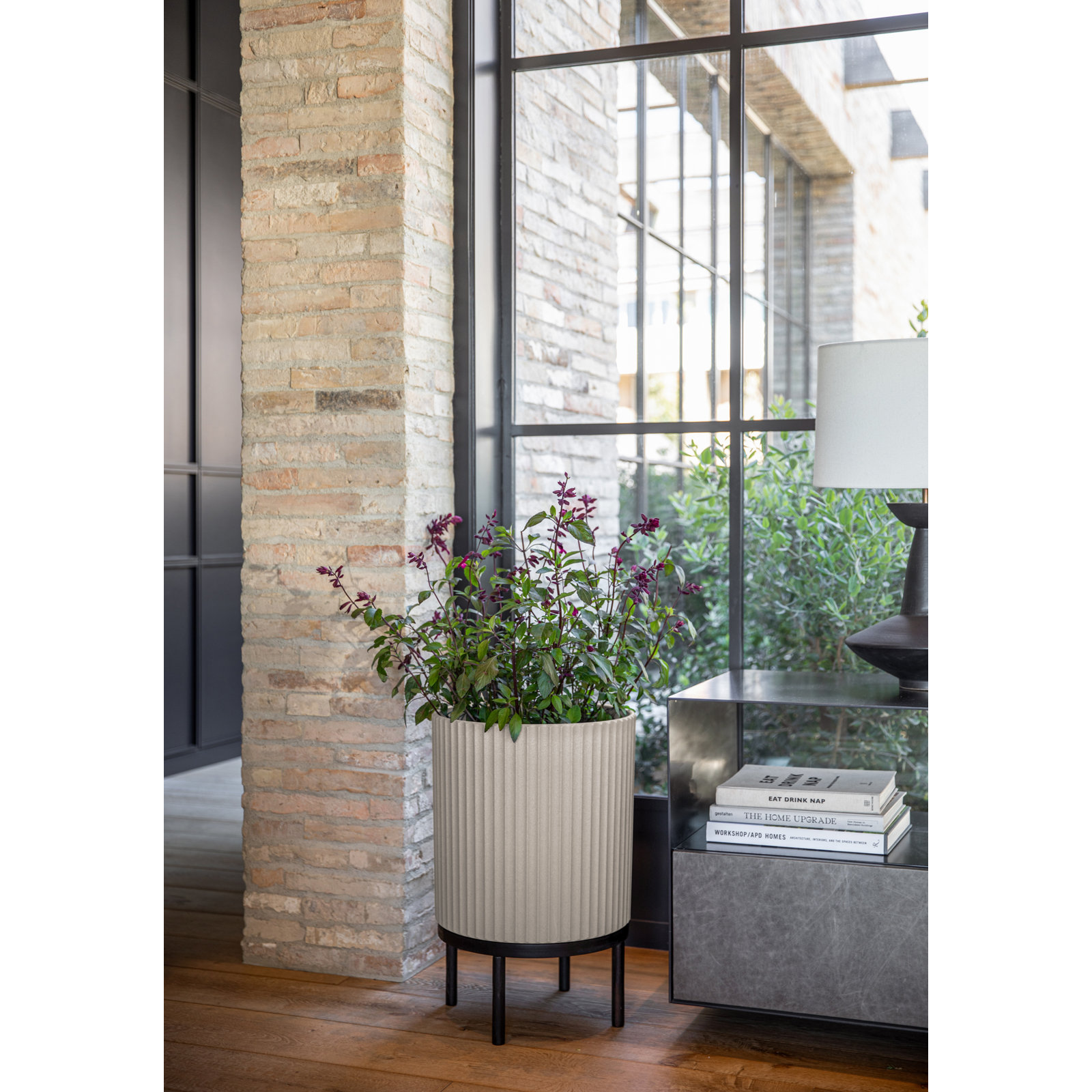 Demi Series Planter with Stand, 2, Sand/Black, 22" H x 14.75" W x 14.75" D