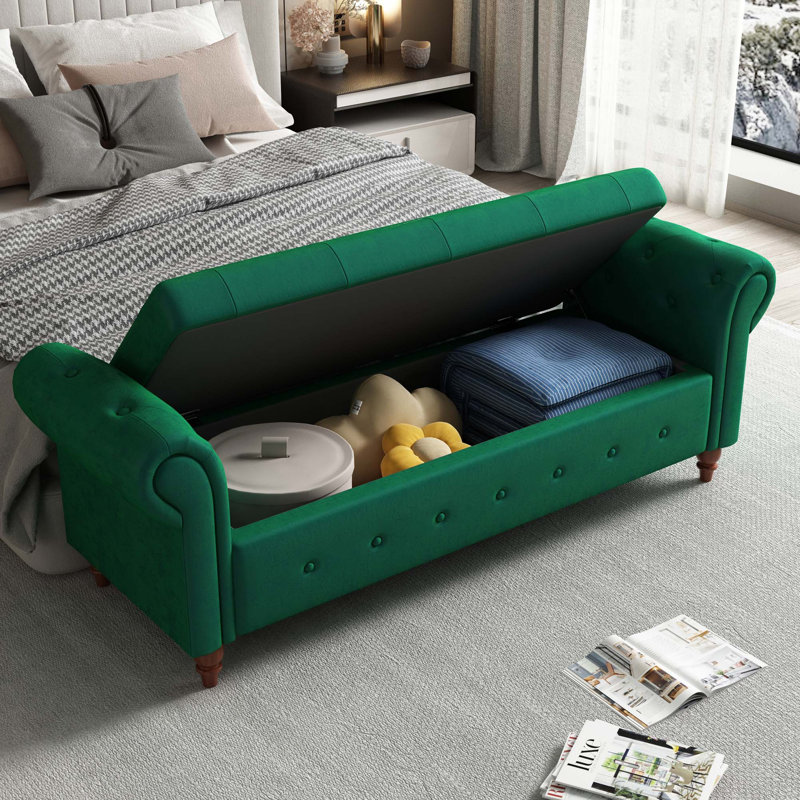 Banc de lit de 63 pouces avec revêtement en velours, Dark Green