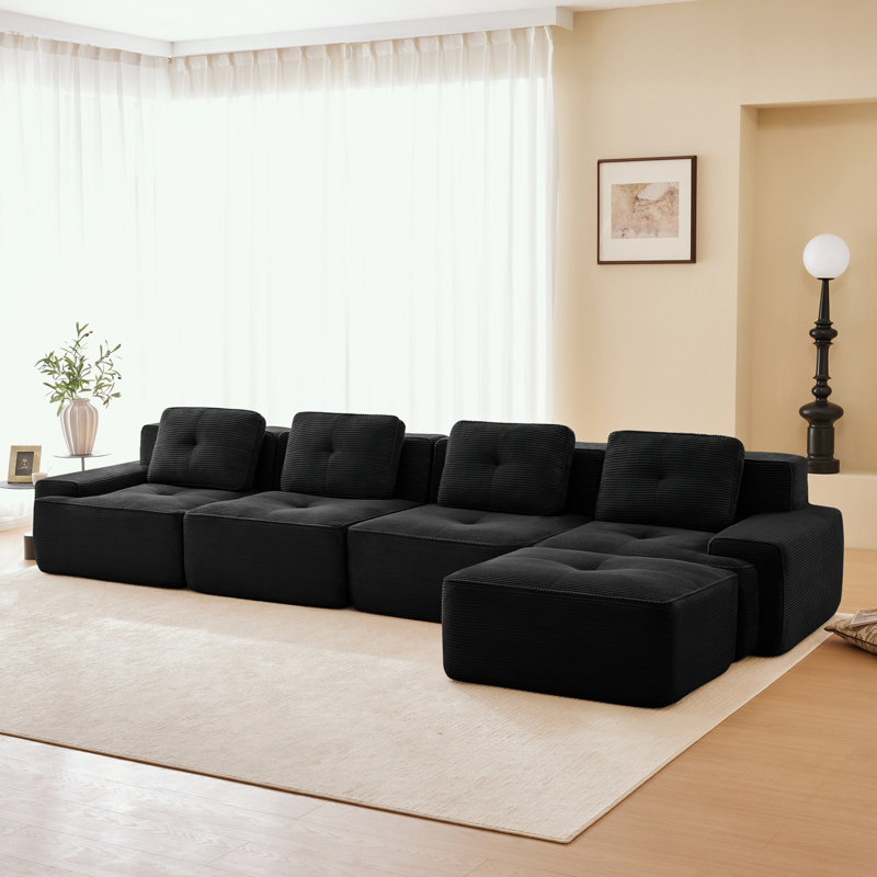 Canapé modulaire en L en velours côtelé avec coussin moelleux et repose-pieds mobile, Velours côtelé noir