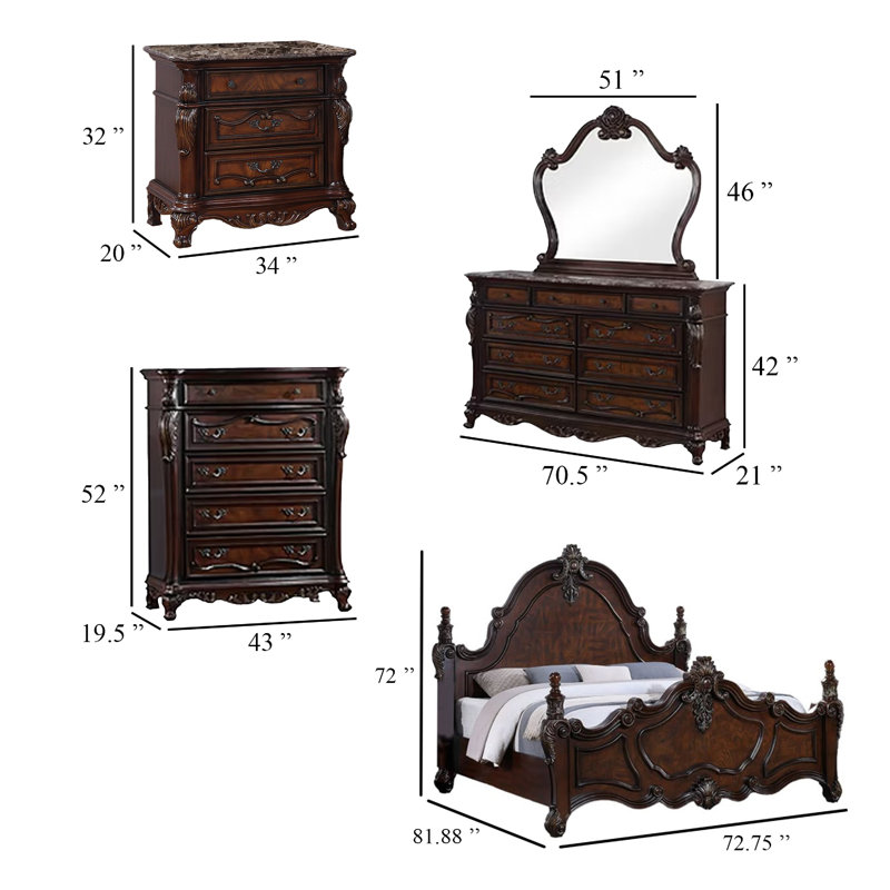 Ensemble de chambre avec grand lit 4 pièces, commode et miroir Frank, Quatre pièces : lit, commode, miroir et table de