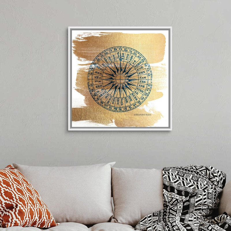 Boussole or brossé-impression sur toile, Cadre blanc, H 32 po x l 32 po x P 1,75 po
