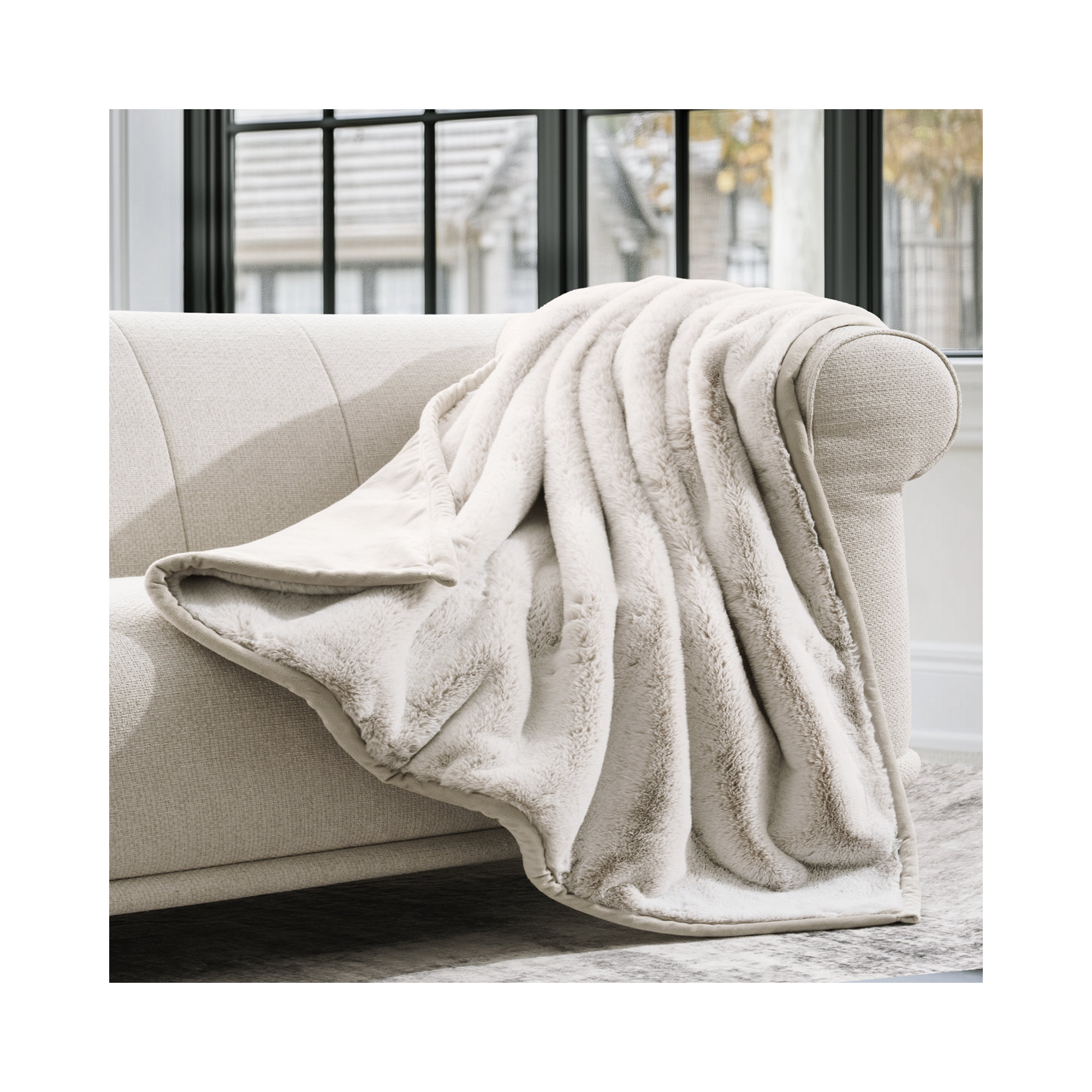 Luxury Mink Faux Fur Throw Blanket, Tipped Champagne Ivory, 60" W x 80" L
