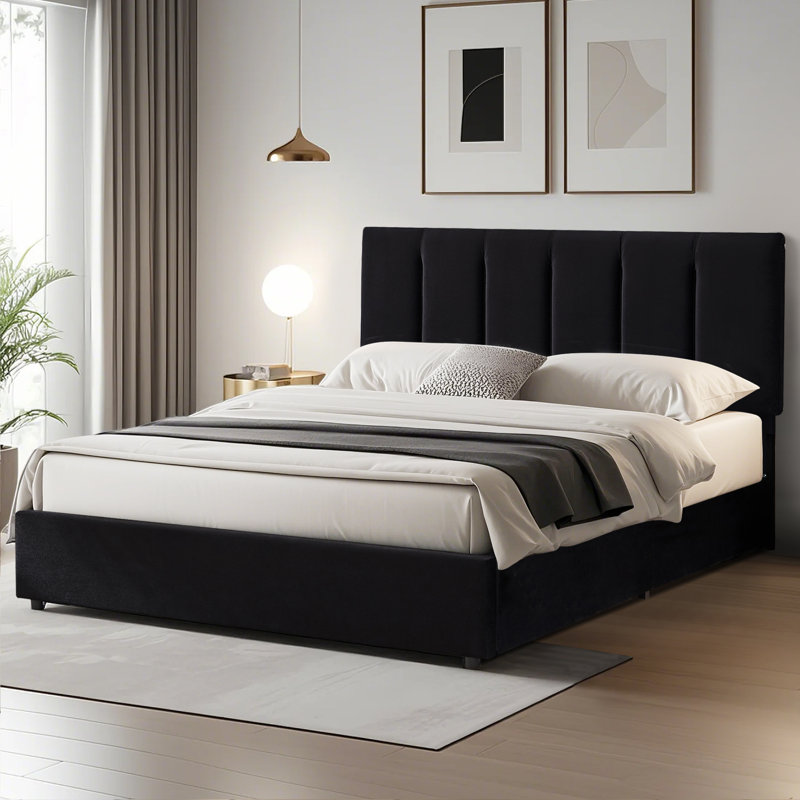 Orwhin Bed Frame 4 Drawers Storage, Upholstered Bed Frame with Velvet Adjustable Headboard Queen Full King Size Platform Bed Wood Support