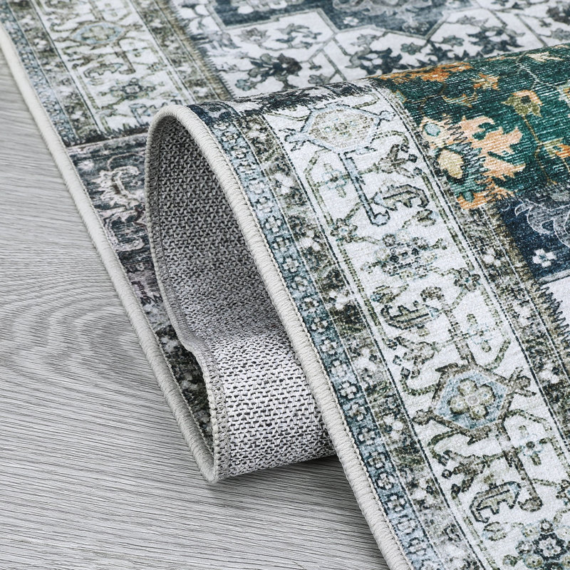 Tapis en polyester tissé à la machine Rickart en blanc / gris / vert, Rectangle 3 pi x 5 pi