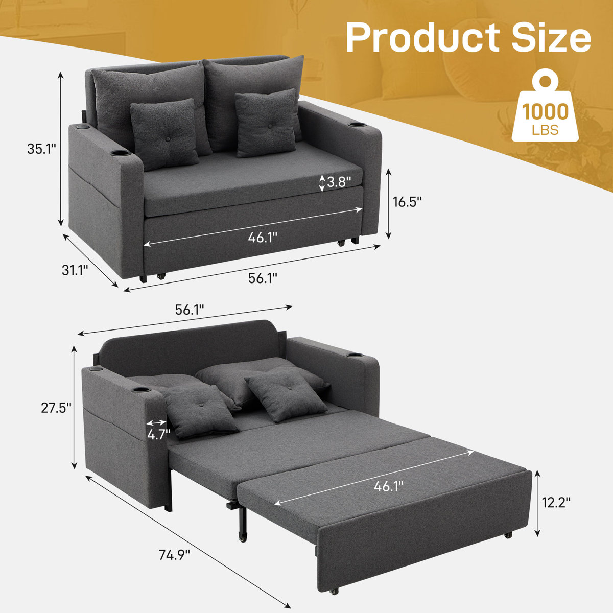 Ebern Designs 56" 3-in-1 Sleeper Sofa Convertible Square Arm Sofa Bed ...