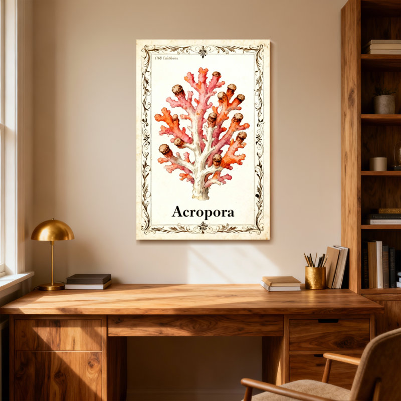Animaux, corail, reproduction d'art avec cadre orné, H 36 po x l 24 po