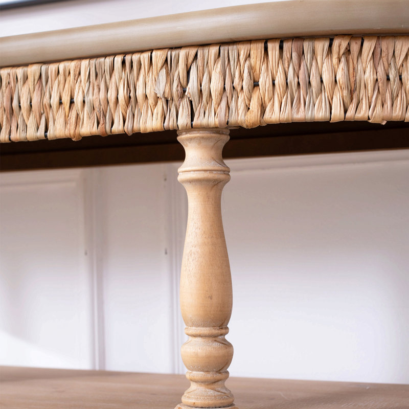 Console en bois fabriquée à la main avec garniture tissée à la main, tablettes de rangement à 3 niveaux, table d'entrée ovale avec pieds sculptés, table d'appoint rustique Coastal Farmhouse, table de canapé d'entrée de 49 po