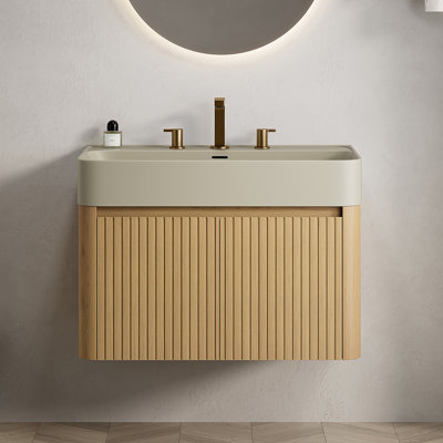 30" Bathroom Vanity&Sink,Floating Storage Cabinet,Warm Cream Beige Solid Surface Integrated Basin with 3 Pre-drilled Faucet Holes,Disassembled, Faucet&Drain Excluded