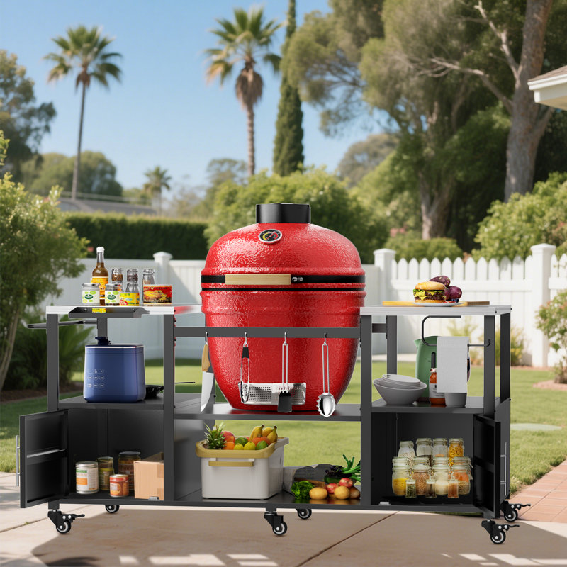 Table de barbecue d'extérieur pour barbecue Big Egg, barbecue en métal avec boîte de rangement
