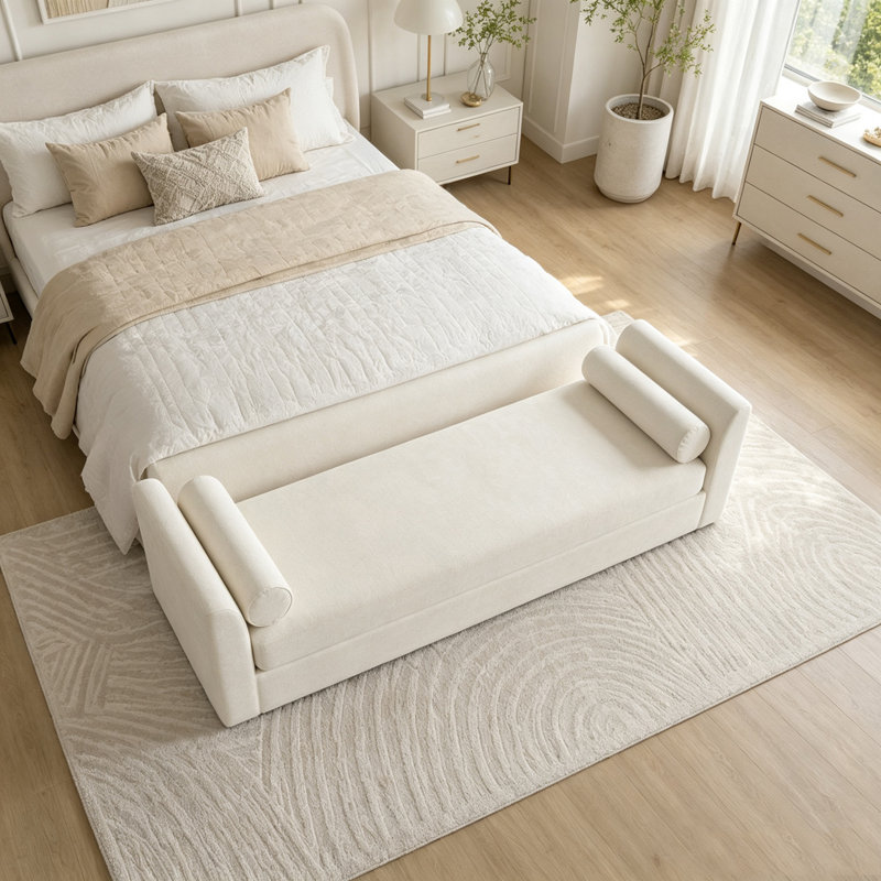 Banc de bout de lit avec accoudoirs de 88,58 po de largeur, Beige