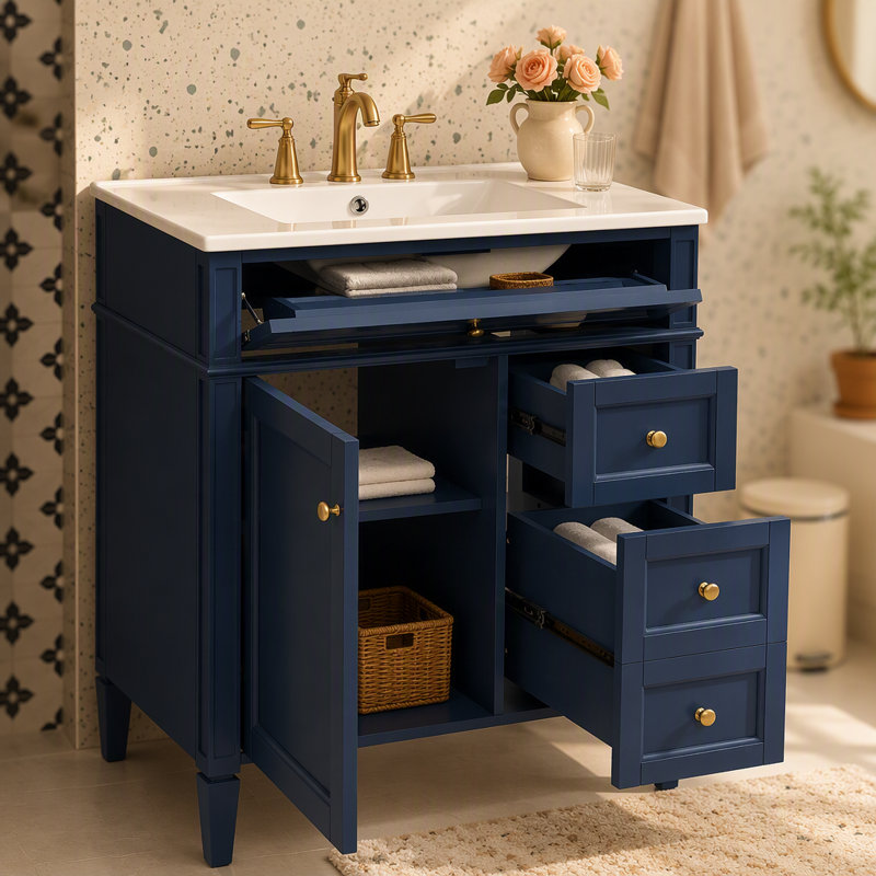 Meuble-lavabo de salle de bain 30 po avec lavabo supérieur, meuble-lavabo moderne avec 2 tiroirs et tiroir basculant, meuble-lavabo simple