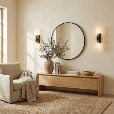 Applique murale moderne - métal, verre noir mat, cristal transparent 2 lumières câblées à intensité variable pour salle de bain ou couloir dans un style moderne, Mid-Century et contemporain