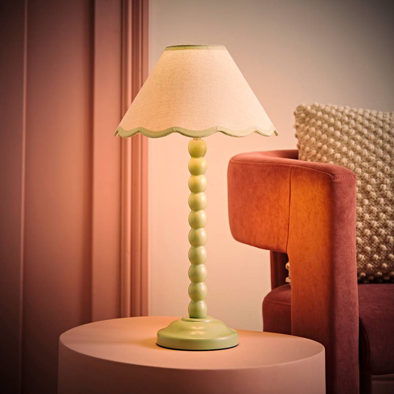 Nephi Bobbins Painted Table Lamp with Tapered Natural Linen Trim Scallop Shade, Natural Linen with Green Trim, Green, No