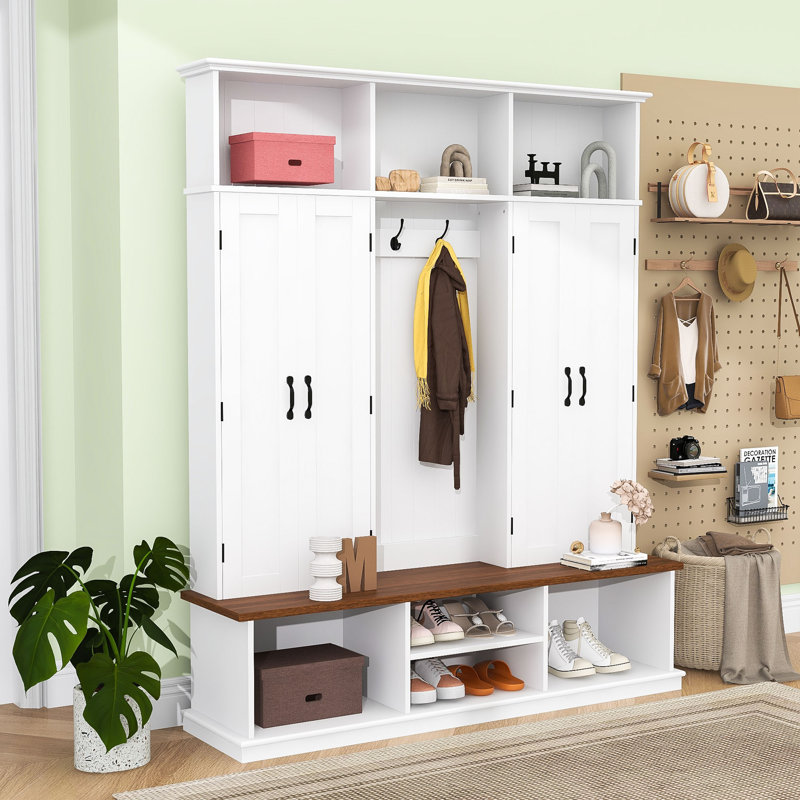 Hall Tree with Storage Bench, Hooks, Cubbies and Cabinets, White