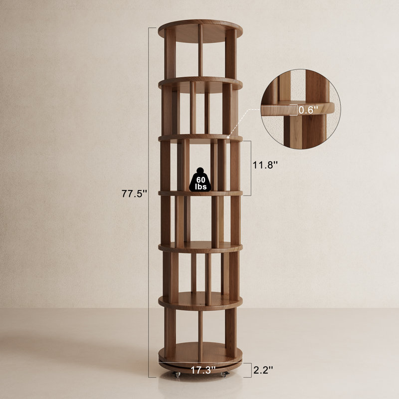 Oliver 360° Rotating Solid Wood Bookshelf, Equipped with Brake Wheels, Allowing for Flexible Adjustment, Brown
