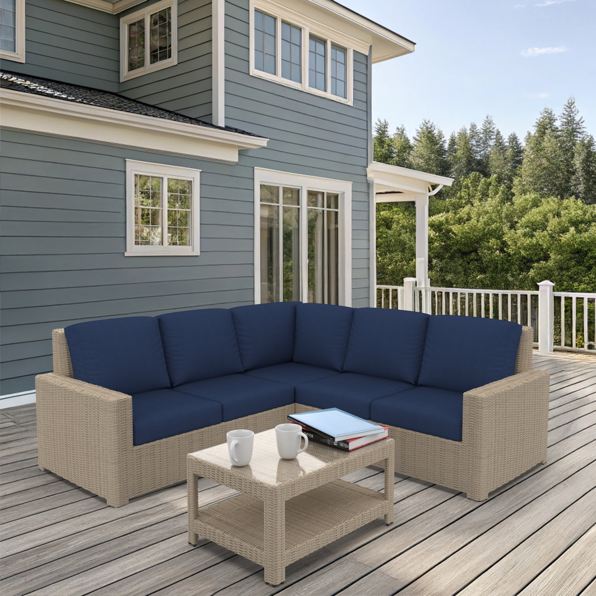 Henri Outdoor Patio Sectional With Sunbrella Cushions, Canvas Navy