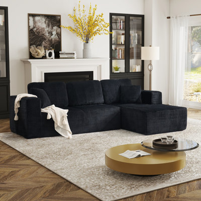 Modern Overstuffed Compression Boneless Corduroy L-Shaped Sectional Sofa With Chaise For Living Room - No Need Assembly