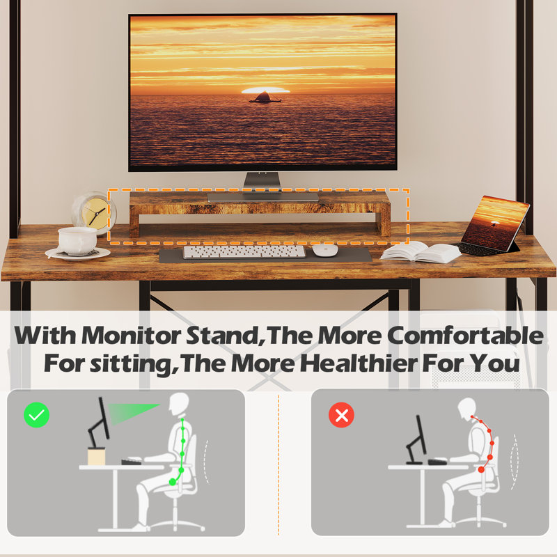Didi 120cm W Rectangle Computer Desk with Hutch and Cabinet Home Office Desk Gaming Desk, Brown/Black