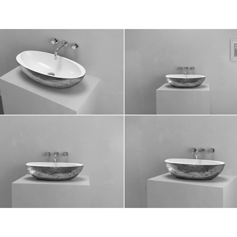 Vast Studio 24” L x 13.8” W Textured Aged Silver/White  Vessel Sink – Oval Countertop Basin with Smooth White Interior, Metallic Luxury Finish & Modern Spa-Inspired Sculpted Design