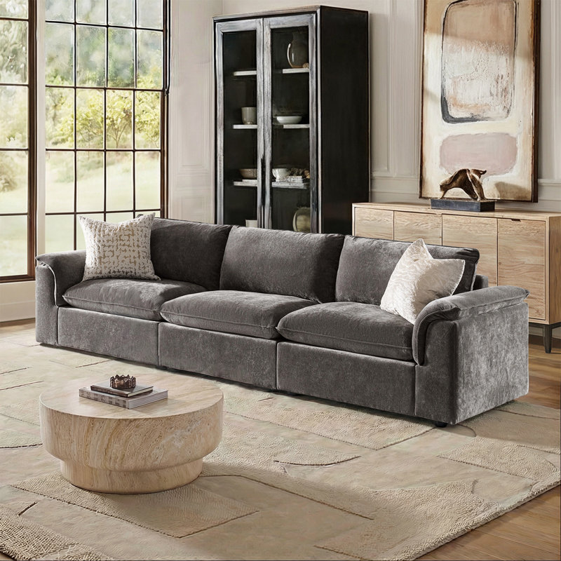 Cioffi 122"W Oversized 3 Piece Down Blend Modular Cloud Modular Sofa with Removable Cushion Cover, Gray
