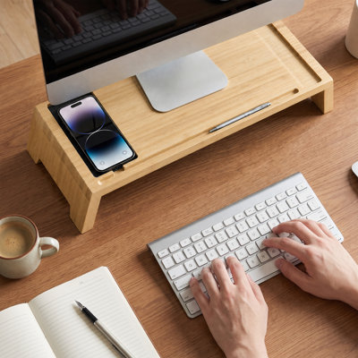 Support pour écran en bambou, tablette de bureau 22 pouces pour moniteur / ordinateur portable - étagère de bureau en bois massif et espace de travail