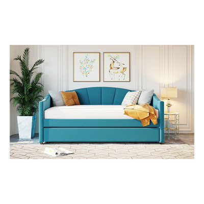 Upholstered Daybed Sofa Bed Twin Size With Trundle Bed and Wood Slat ,Blue
