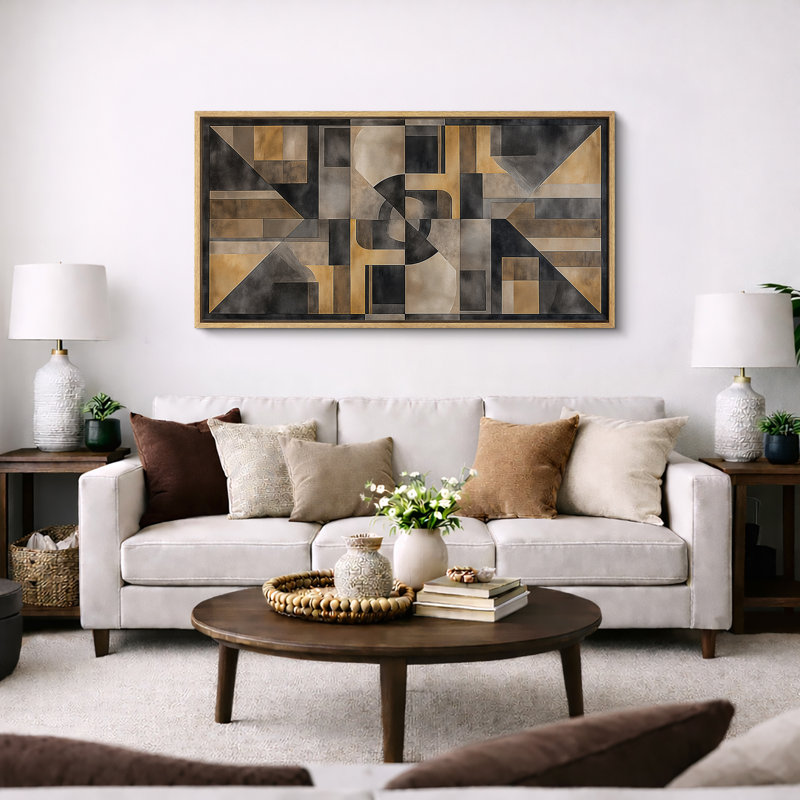 Impression sur toile encadrée géométrique or et gris anthracite, H 30 po x l 60 po, Naturel