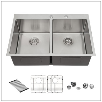 Double Bowl (50/50) Drop In Sink - 33"X22"X10" Stainless Steel Kitchen Sink 16 Gauge With Two 10" Deep Basin
