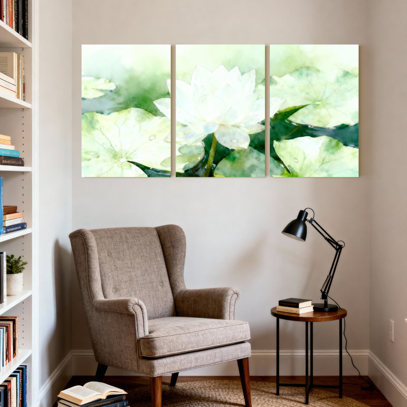 Ensemble de 3 tableaux muraux sur toile tendue, motif fleur de lotus à l'aquarelle, H 24 po x l 48 po