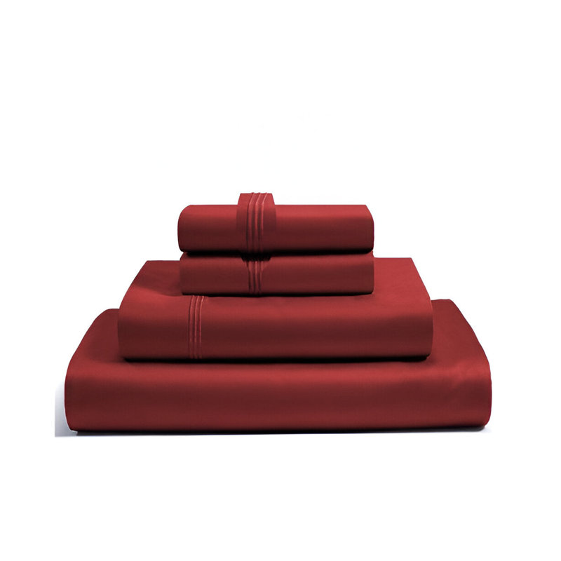 400TC Luxurious Triple Embroidery Sateen Solid Cotton 4 Piece Sheet Set Fitted Sheet Fits Upto 16" Deep Pocket, Burgundy